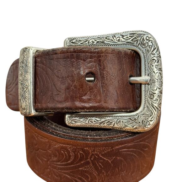 Liz Claiborne Tooled Belt SZ XL Women Brown Western Rustic Leather 70s Rodeo - Picture 6 of 12